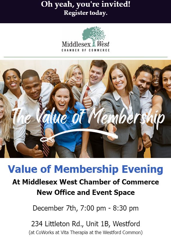 MWestChamber's tweet photo. *Membership (Chamber) has its privileges* Learn more! 
NEW or veteran members Join Us:
Mon 12/7 7pm at new MWCoC Office &amp; Event Space 
234 Littleton Rd, Unit B Westford at Co-works at Vita Therapia at the Westford Commons. 
FREE. RSVP at https://t.co/7Cs4jPt5QN
#MWCoC https://t.co/pyi8ZcL0Tl