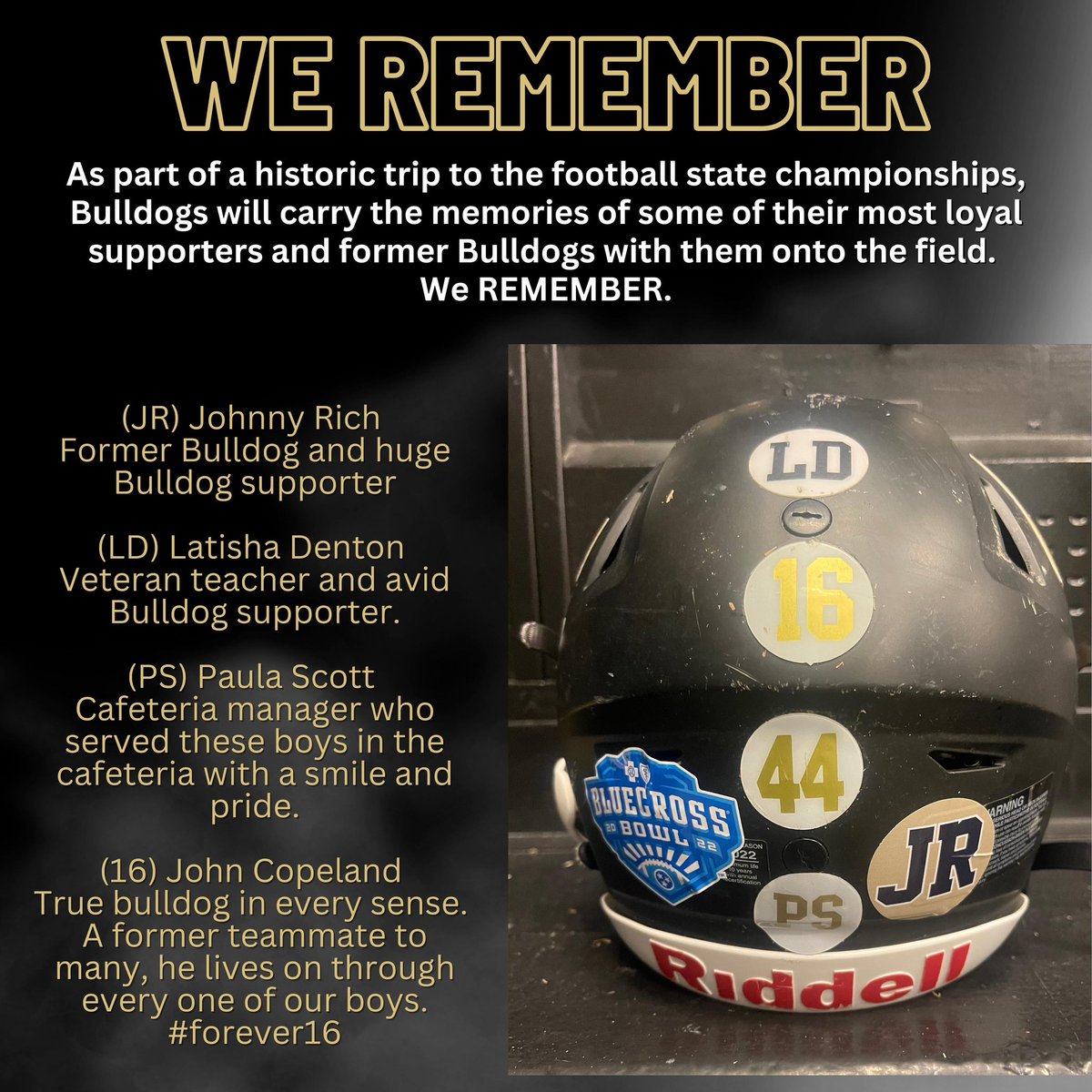 claycountydawgs's tweet image. We REMEMBER.
As part of a historic trip to the football state championships, Bulldogs will carry the memories of some of their most loyal supporters and former Bulldogs with them onto the field. 
We REMEMBER. #BlueCrossBowl #Claycountydawgs