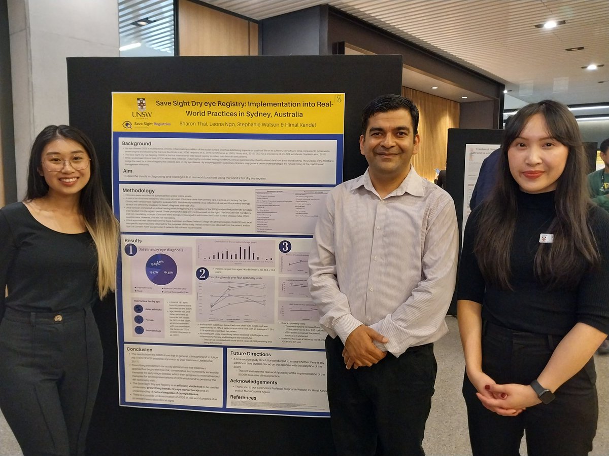 kandelhimal's tweet photo. Great talk and poster presentations @UNSW by Leona Ngo and Sharon Thai on the implementation of Save Sight Dry eye Registry (#SSDR) in real world clinical practice. Congratulations! 🎊
@profswatson @FRB_Research @SydneySaveSight @UNSWoptomvsci #dryeye #ophthalmology #optometry https://t.co/q1pvnY1Lql