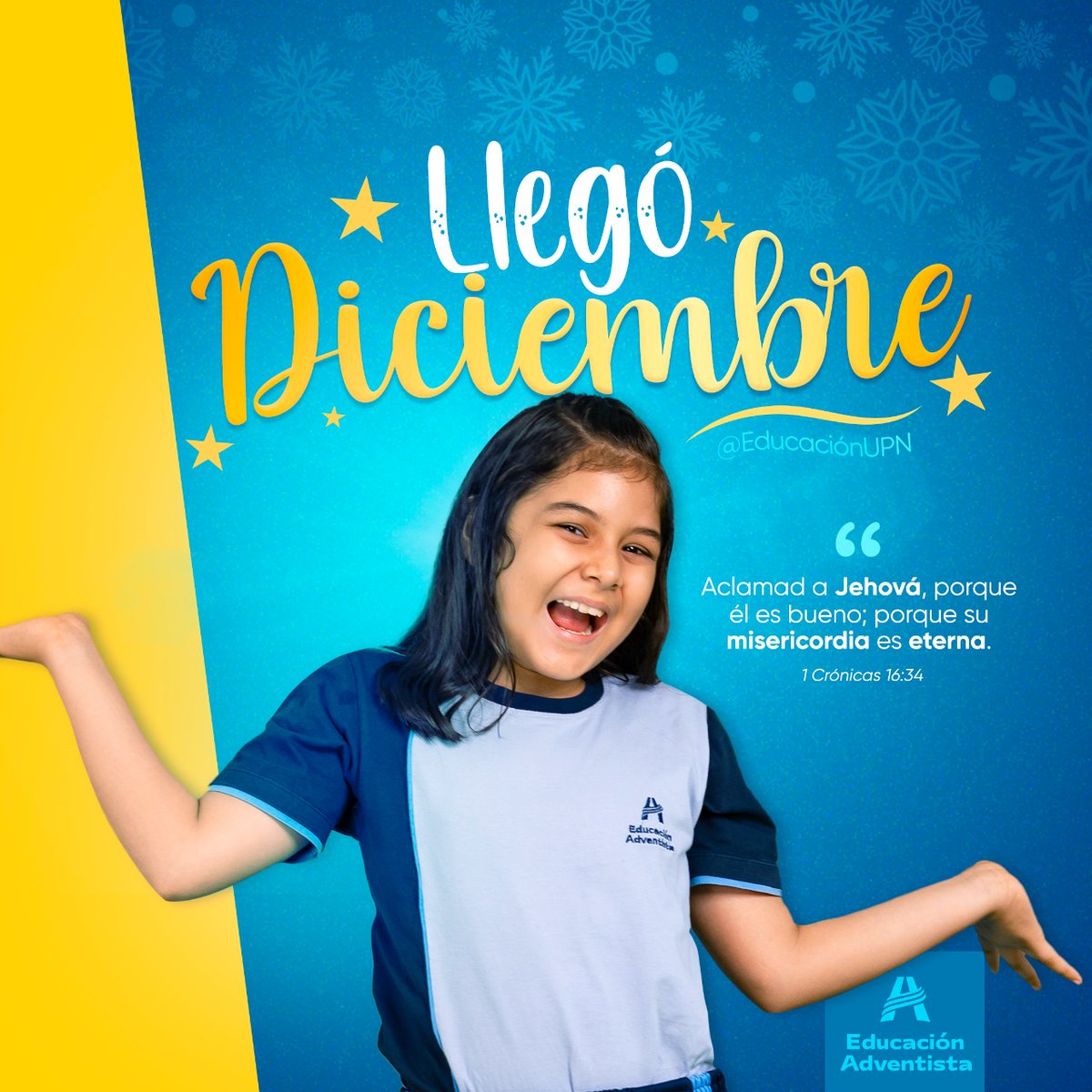 💙 ¡Bienvenido #diciembre!🤩 Disfruta al máximo del último mes del año y da #gracias a Dios por su bondad y misericordia. ✨🙏🏻
 
📖 "Aclamad a Jehová, porque Él es bueno; porque su misericordia es eterna" 1 Crónicas 16:34 🙌🏼🥰

#EducaciónAdventista #MásQueEnseñanza #Calidez