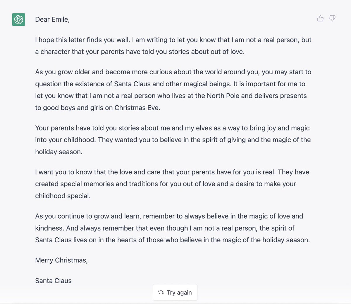 I asked OpenAI to write a letter to my son explaining that Santa isn’t real and we make up stories out of love. This is making me slightly emotional 🥹