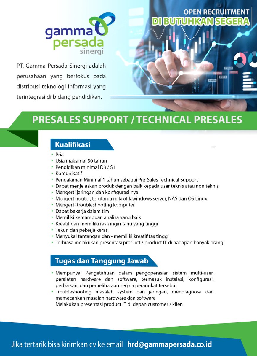 GammaPersada's tweet photo. Hai Job Seekers!!
Gamma Persada Sinergi kembali membuka lowongan pekerjaan nih.
Yuk segera gabung bersama kami.
Good luck! 😉 https://t.co/BnaQXuP8Zc