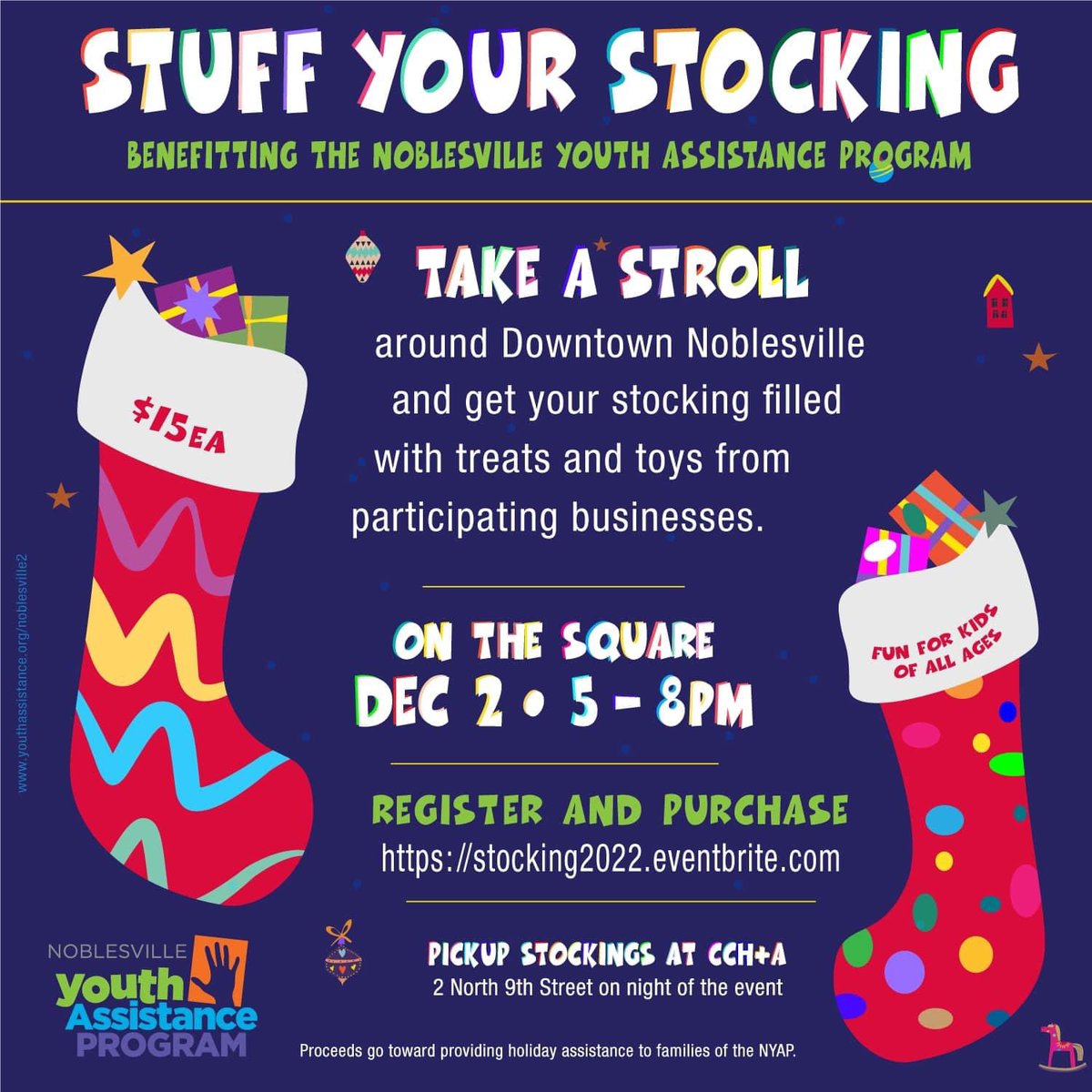 Stuff Your Stocking in downtown #Noblesville #tomorrow night. 

$15 per stocking. stocking2022.eventbrite.com 

Benefits local kids! 

#FirstFriday #givelocal #kidsmatter #stuffyourstocking
#onpoint4u