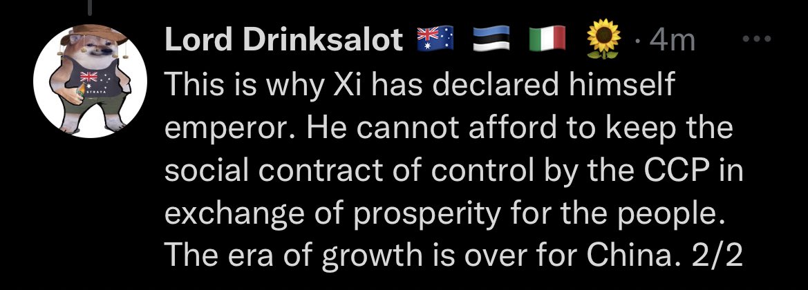 This pup is in his own little world 😂 It’s very clear that the asshole doesn’t care about Chinese people and their freedom. That last line “the era of growth is over”? Yeah pipe down, fascist who’s living on stolen land🖕🏻