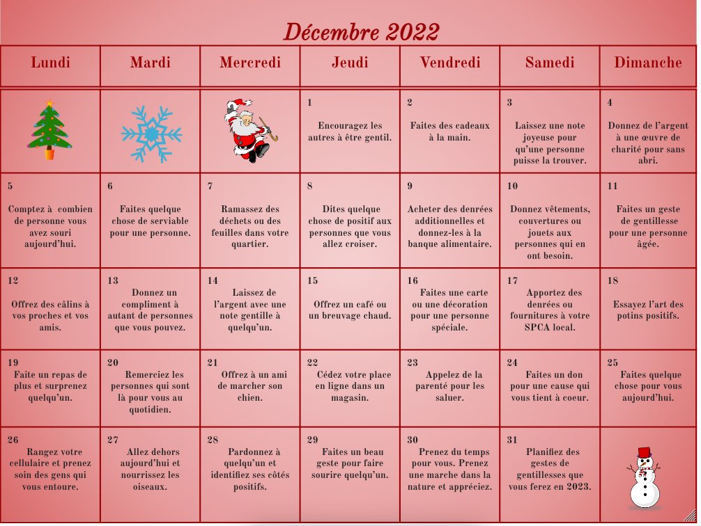 Pourquoi pas faire un beau geste de gentillesse par jour en ce mois de décembre. 🫶🏼 #calendrierdelagentillesse <a href="/PeriardMychelle/">Mychelle Periard</a>