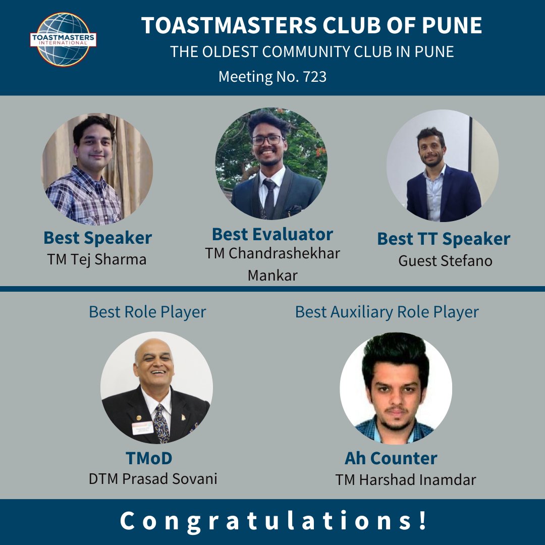Toastmasterpune's tweet photo. A few glimpses ✨ from last meeting…

Winners for 723rd meeting:

Congratulations to all the winners! 💯

#tmcp #toastmastersindia #toastmasters #toastmastersinternational #meeting #publicspeaking #Leadership #communication #goals #theme #goals #district125 #DivisionB #areab https://t.co/vfl6lyVqUh