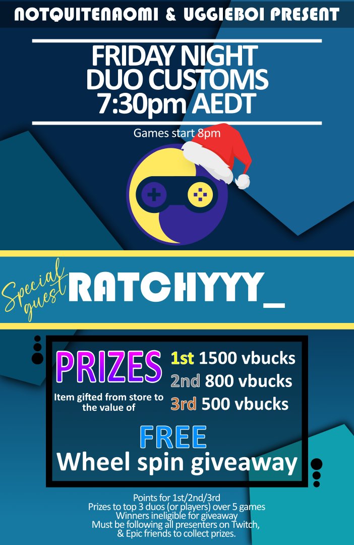 Custom duos tonight! 7:30pm Melb/4:30pm Perth/9:30pm NZ/12:30am PST/8:30am UK #prizes #giveaway #fortnite #streamers #streamergirl