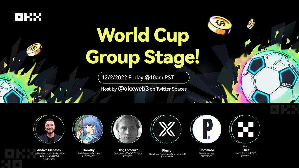 Join the Twitter Space this Friday and participate in our  competition to win a Phygtl FIFA World Cup Qatar 2022 Utility NFT hype.day/p/okx-fifa-phy… 
@okxweb3 <a href="/andreswifitv/">Andres Meneses</a> <a href="/Immutable/">Immutable</a> <a href="/alt_layer/">AltLayer</a> <a href="/SweatEconomy/">SWEAT💧</a> <a href="/todiba/">Tommaso db</a>
 
x.com/i/spaces/1PlJQ… 

#phygtl