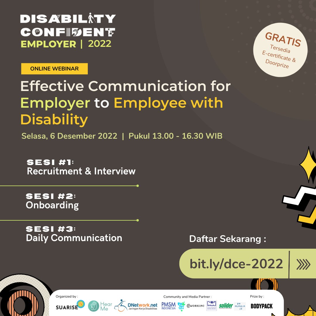 SuariseID's tweet photo. Bagaimana memulai komunikasi efektif dengan teman-teman disabilitas dalam sebuah organisasi/perusahaan?
Yuk gabung dalam #DisabilityConfidentEmployer pada 6 Desember 2022 Pukul 13.00-16.00 WIB 

Registrasi https://t.co/aayt5B8bQk

Ada keseruan apa di webinar?

Utas >> 
#HDI2022 https://t.co/9z0JpDOeGY