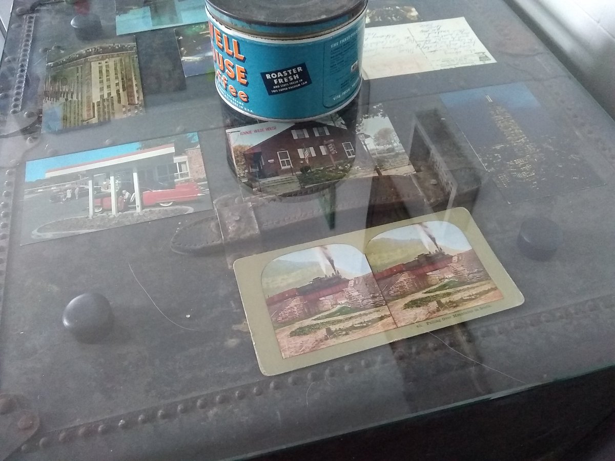 So I came up with an idea for a use of this old clothing trunk, a little breakfast table! #homedecor #vintagestyle #kitchendecor #Coffee #glass #tabletop