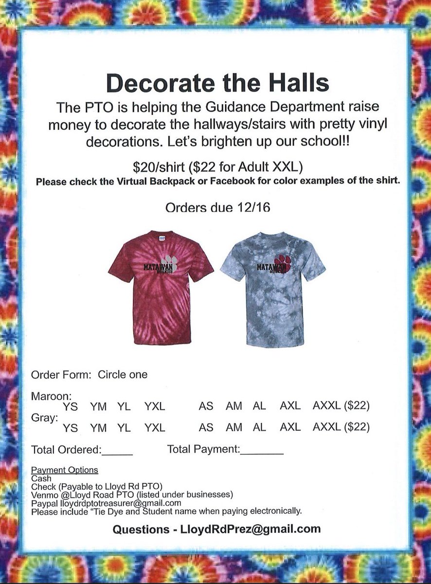 LRcounselors's tweet photo. Help us raise money to decorate the Lloyd Road School Hallways by purchasing a Tie Dye Matawan Huskies shirt! 😎 @lloydroadschool https://t.co/2MCVFsbRFb