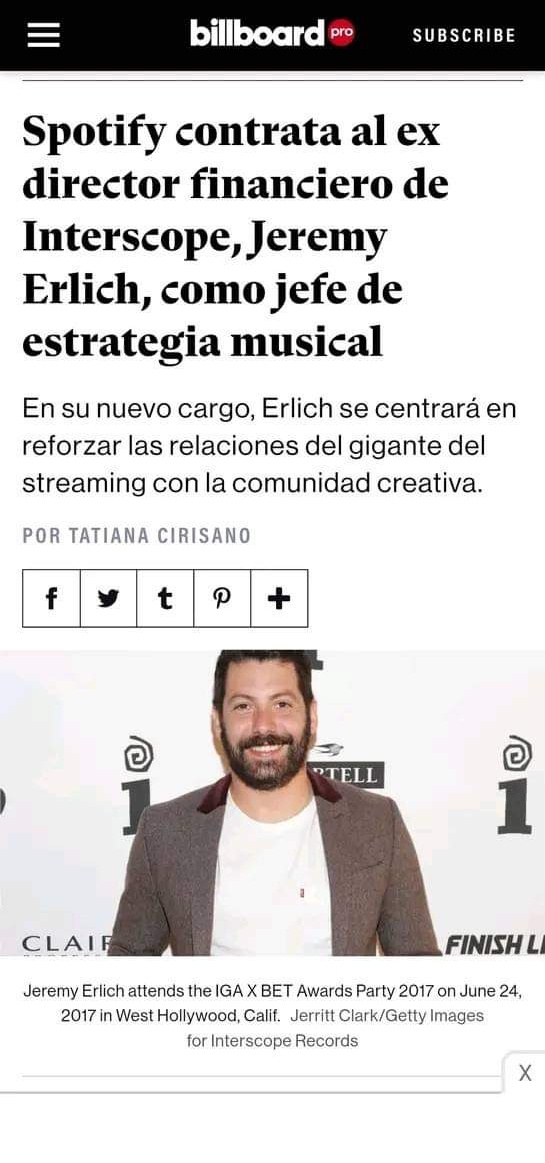 jklvsxg's tweet photo. – HILO DE INFORMACIÓN EXPONIENDO LOS FRAUDES DEL SEÑOR JEREMY ERLISH Y SPOTIFY :

(Hasta un periodista del mismo Billboard salió a exponerlos)

#SpotifyCorrupt https://t.co/JwDOWwGlbc