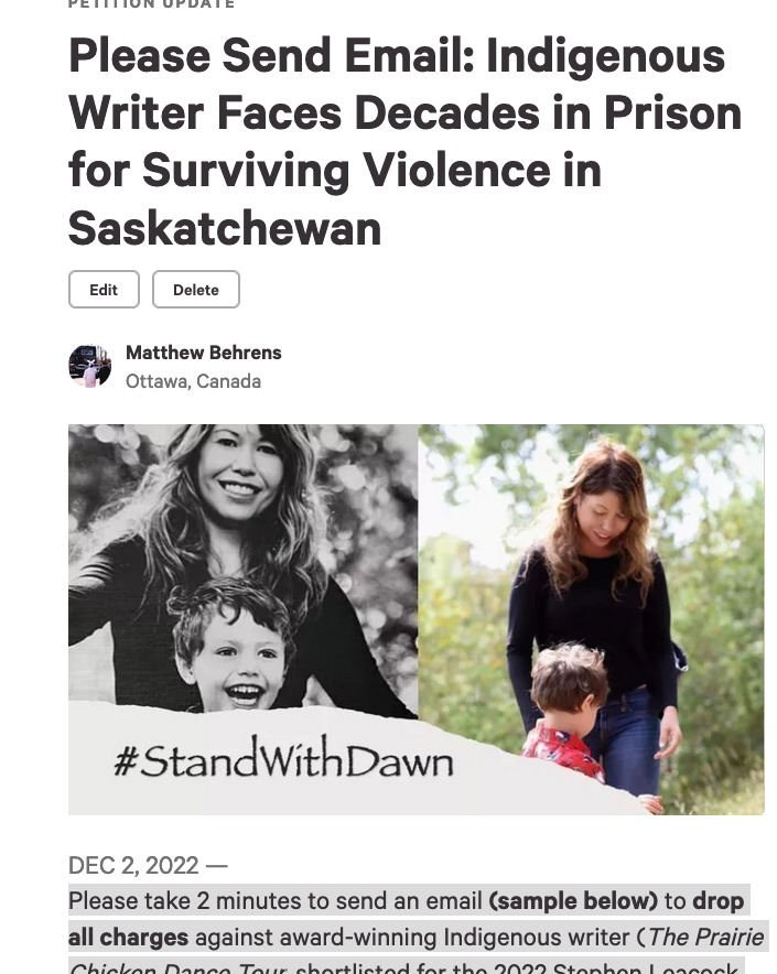MatthewBehren11's tweet photo. Why is the Saskatchewan Govt. threatening Dawn Walker with decades in prison for trying to protect herself and her child? Dawn was failed by criminal & family court systems. Now she’s being punished for surviving by a system that over-charges her. https://t.co/uv4tS8RCHt https://t.co/xb5k7UyjFz