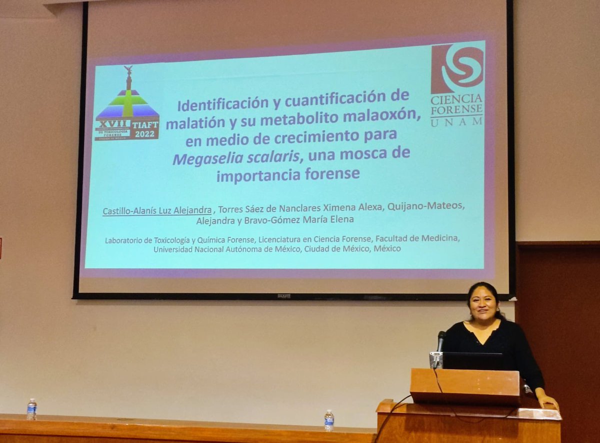 LCF_UNAM's tweet photo. #OrgulloForense Ma. Elena Bravo, Alejandra Quijano, Alejandra Castillo y Alexa Torres participaciparon en el #TIAFT2022 con “Identificación y cuantificación de malatión y su metabólico malaoxón, en medio de crecimiento para Megaselina scalaris, una mosca 🪰de importancia forense” https://t.co/FWJ489CSfy