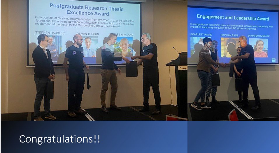 QUTRobotics (@qutrobotics) on Twitter photo Congratulations to our <a href="/QUTRobotics/">QUTRobotics</a> HDR student winners from the School of Electrical Engineering retreat awards!
<a href="/Stephen_Hausler/">Stephen Hausler</a> and Jesse Haviland
@krishanranaa, <a href="/Scarlett_Raine_/">Scarlett Raine</a> and <a href="/Somayeh_HS/">Somayeh</a>
MD Mostafizur Rahman Komol (not pictured)
Well done to all involved! Congratulations to our <a href="/QUTRobotics/">QUTRobotics</a> HDR student winners from the School of Electrical Engineering retreat awards!
<a href="/Stephen_Hausler/">Stephen Hausler</a> and Jesse Haviland
@krishanranaa, <a href="/Scarlett_Raine_/">Scarlett Raine</a> and <a href="/Somayeh_HS/">Somayeh</a>
MD Mostafizur Rahman Komol (not pictured)
Well done to all involved!