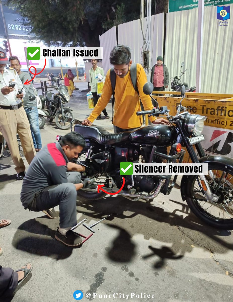 PuneCityPolice's tweet photo. ..like we said, we will Issue Challan + Seize the Silencers of bikes causing #NoisePollution..

आम्ही इशारा दिला अन तशी चलान कारवाई सुरू केली..दुचाकींचे सायलेन्सरही जप्त केले..

चला, सर्वांसाठी शहर शांत ठेवूया...

#Pune https://t.co/lvrTV2tun5