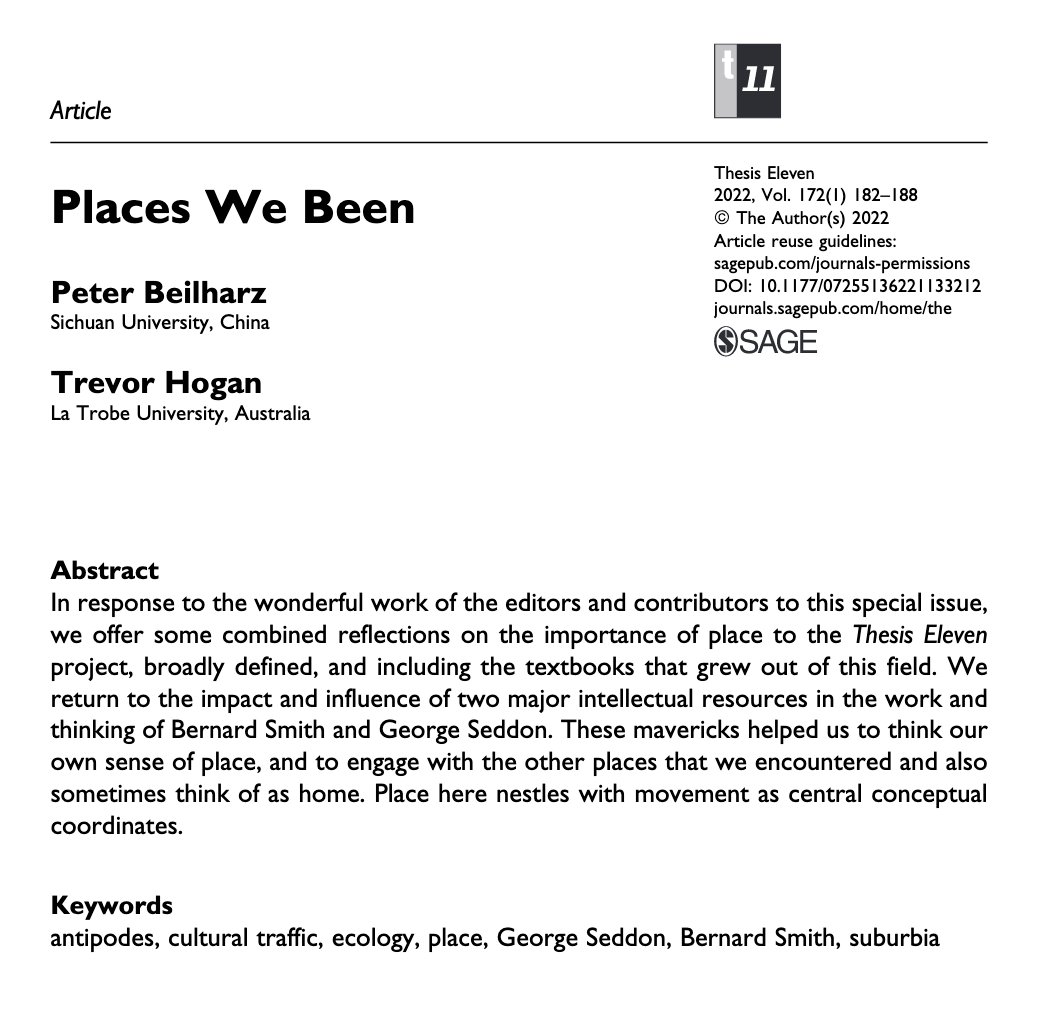 Article: "Places We Been", Peter Beilharz &amp; Trevor Hogan reflect on the importance of place to the t11 project: buff.ly/3Vos5kV

In the current issue of <a href="/Thesis11/">Thesis Eleven Journal</a>, 'Thinking Place: Materiality, Atmospheres and Spaces of Belonging' #172 Abstracts: buff.ly/3VtfrBm