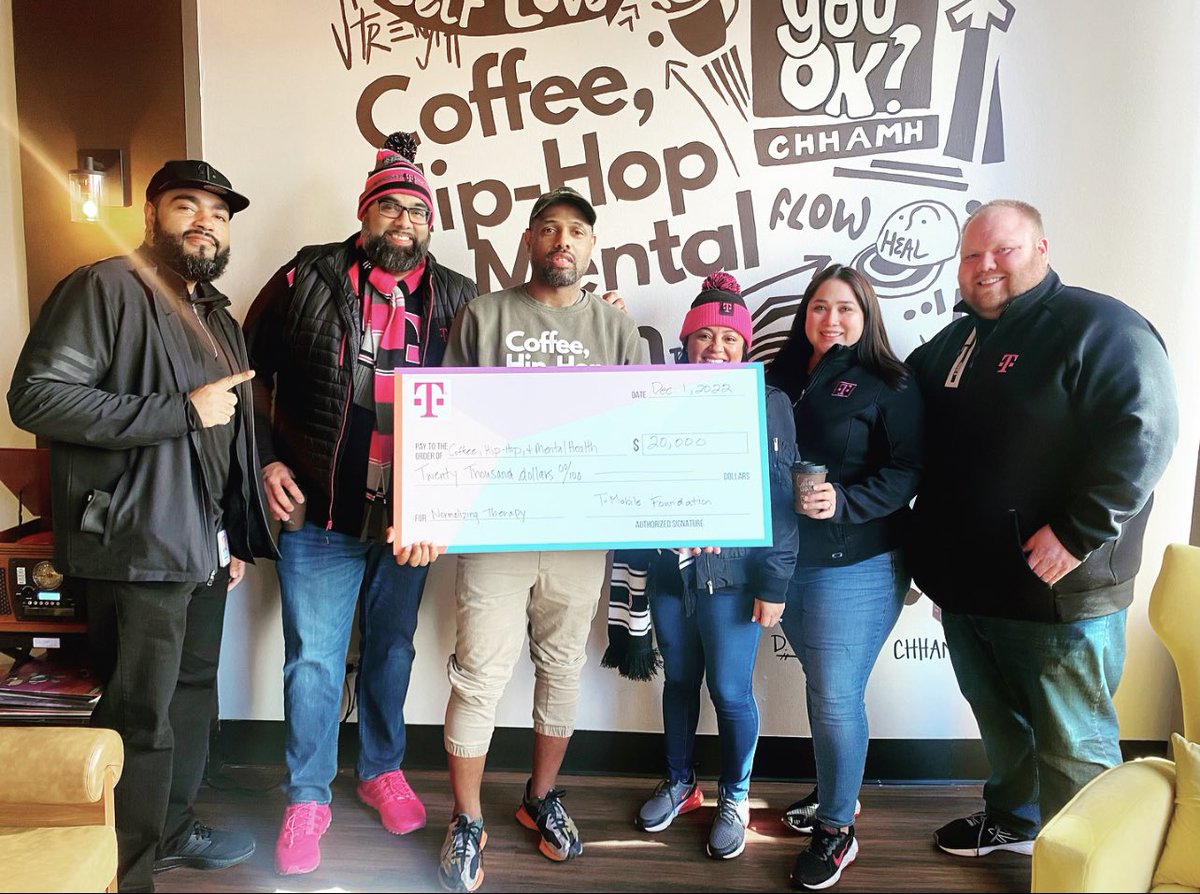 What an amazing day today! We had the honor of presenting CEO &amp; Founder Chris Lemark of <a href="/CHHAMH6453/">Coffee Hip Hop & Mental Health</a> with a check on behalf of the <a href="/TMobile/">T-Mobile</a> Foundation. Their mission is to bring awareness to the importance of mental health💗🖤#NormalizeTherapy #MentalHealthMatters <a href="/domjrcoleman/">Dom Coleman</a>