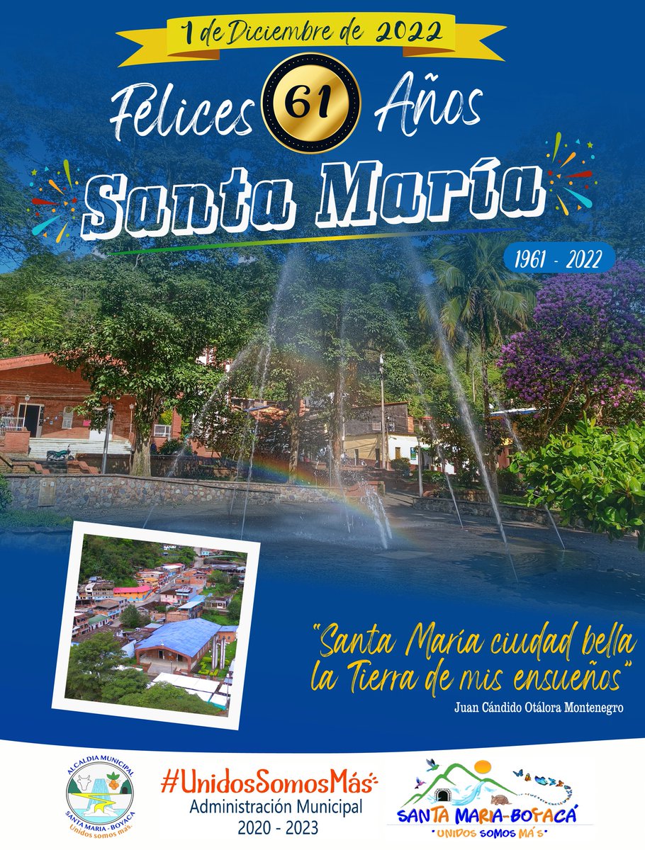 AlcaldiaStMaria's tweet photo. #61AñosDeHistoria🎉🎂🎊🎈 || 🎉Feliz Cumpleaños Santa María 💚🤍💙 
Bello paraíso natural que nos vio crecer, y por el que trabajamos día a día para su desarrollo. 
️
🎉Felíz cumpleaños a nuestro pueblo querido❤️🥳🥳 #UnidosSomosMás https://t.co/5dcSNsu8Vk