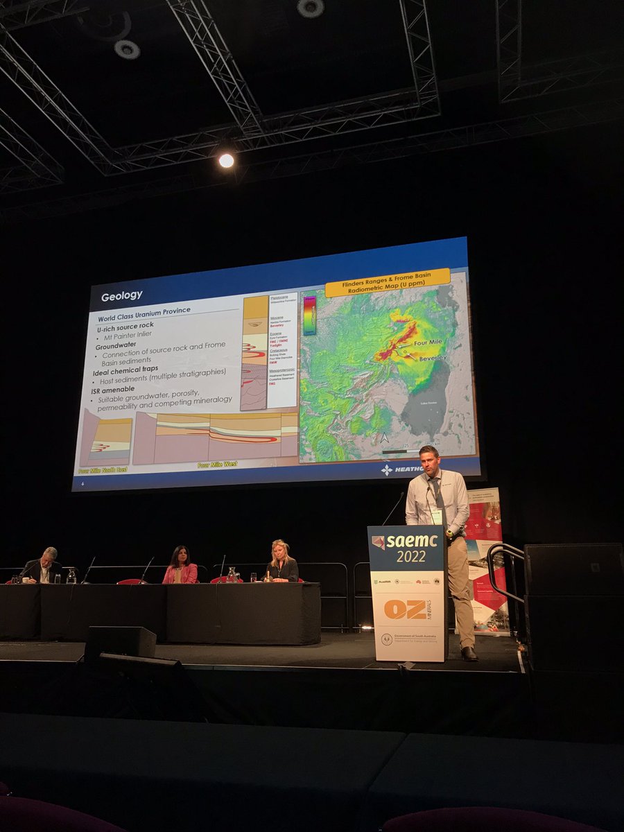 anna_chica's tweet photo. Heathgate Resources’ Clint Dubieniecki provides an update on their in-situ recovery program at Beverley and Four Mile - uranium work undertaken completely underground via well fields and set on top of the hottest rocks around at Mt Painter @_SAEMC #saemc22 https://t.co/VLGpkoI8F6