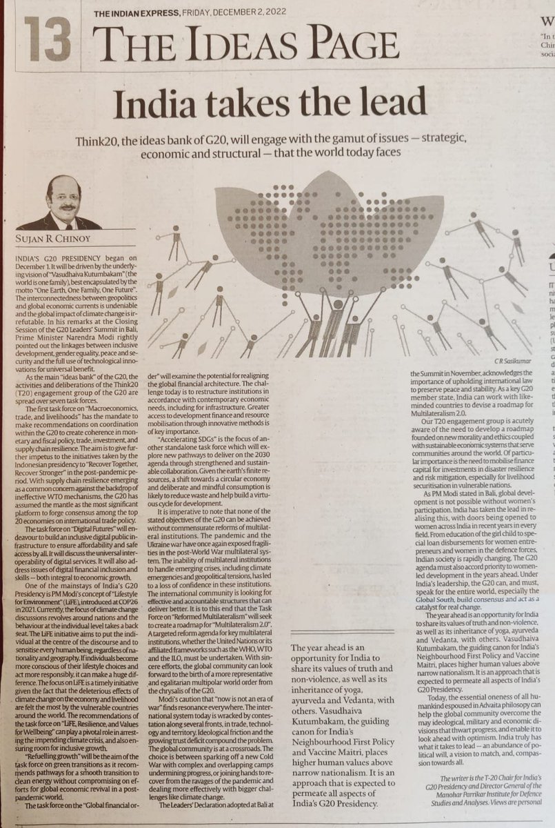 Sujan Chinoy (@sujanchinoy) on Twitter photo As #G20IndiaPresidency commences, I write in the <a href="/IndianExpress/">The Indian Express</a> today on the initiatives of #Think20, the ideas bank of #G20, covering a gamut of issues- strategic, economic and structural -that the world faces today: indianexpress.com/article/opinio…
<a href="/g20org/">G20 South Africa</a> <a href="/IDSAIndia/">Manohar Parrikar IDSA, New Delhi</a> As #G20IndiaPresidency commences, I write in the <a href="/IndianExpress/">The Indian Express</a> today on the initiatives of #Think20, the ideas bank of #G20, covering a gamut of issues- strategic, economic and structural -that the world faces today: indianexpress.com/article/opinio…
<a href="/g20org/">G20 South Africa</a> <a href="/IDSAIndia/">Manohar Parrikar IDSA, New Delhi</a>