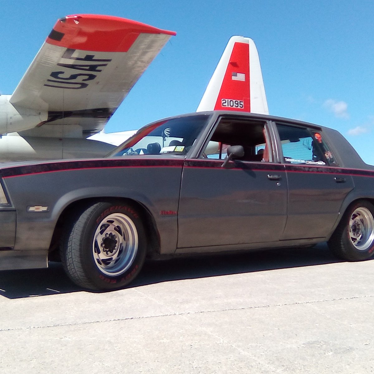 Tucked bumpers on, custom made rear deck spoiler and hand fabbed front chin spoiler. #1983 #Chevy #Malibu she is all stock with the low mileage 229ci V6 stock trans, she runs and shifts fine...if it ain't broke...don't fix it!! Dropped 2" and will be going rear suicide doors!!