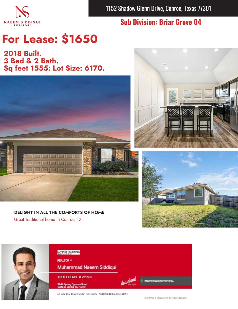 New Lease listing. Lovely charming home in Conroe. Very close to Highway I-45 and Loop 336. Conroe ISD with great ratings. All major shopping brands and restaurants near by. Walmart, HEB &amp; Home Depot with in a radius of 5 miles. Featuring 3 bedrooms, 2 bathrooms. Only for $1650.