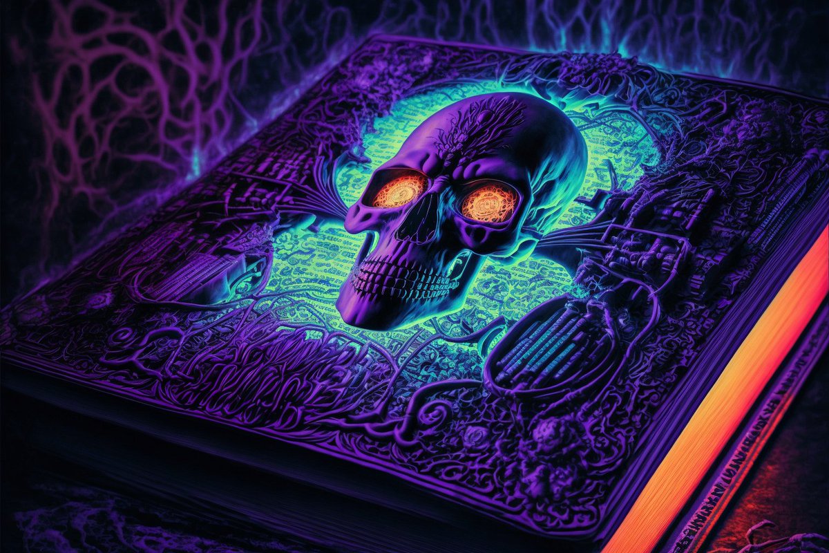 BlightEdict's tweet photo. Book of the Dead

#horror #horrorart #ai #aiart #midjourney #midjourneyart #darksynth #synthwave #nft #cyberpunk https://t.co/s3XQ8pLCMH