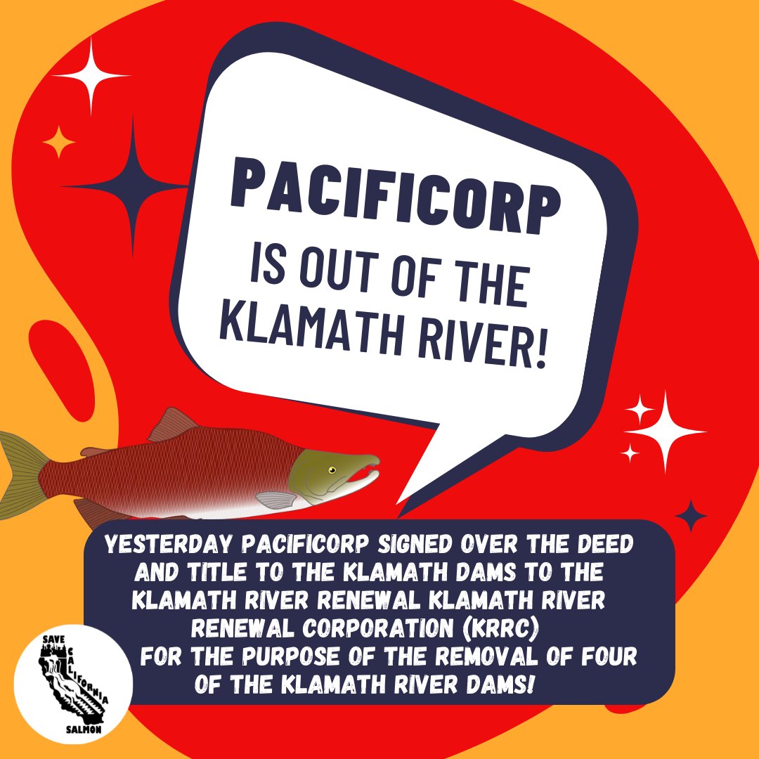 PacifiCorp has left the Klamath River!
They signed over the Title & Deed to the Klamath River Dams to the Klamath River Renewal Corporation for the purpose of removal! 
Find out more details on KRRC's website.👇 klamathrenewal.org/faqs/ 
#Undamtheklamath #LandBack #NativeTwitter
