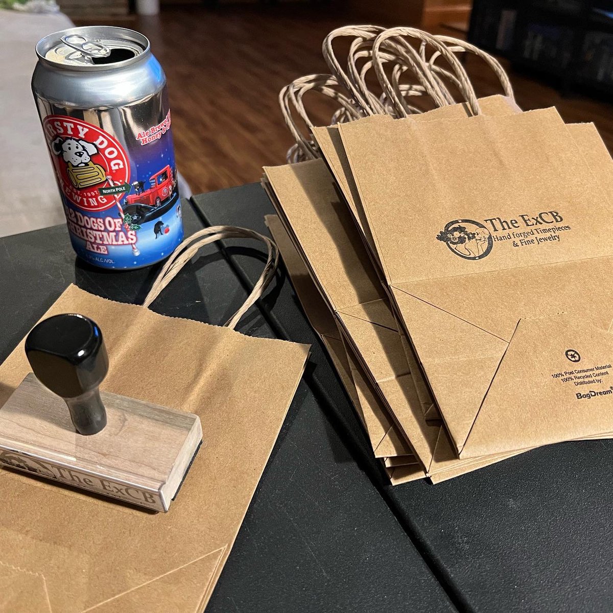 Shipped out more orders today, made myself a wallet, had another #spoonring workshop at @cantonmuseum then came home and packed up for @handmadearcade and now having a @thirstydogbrewing 12 Dogs while I prep a box of bags 🥱