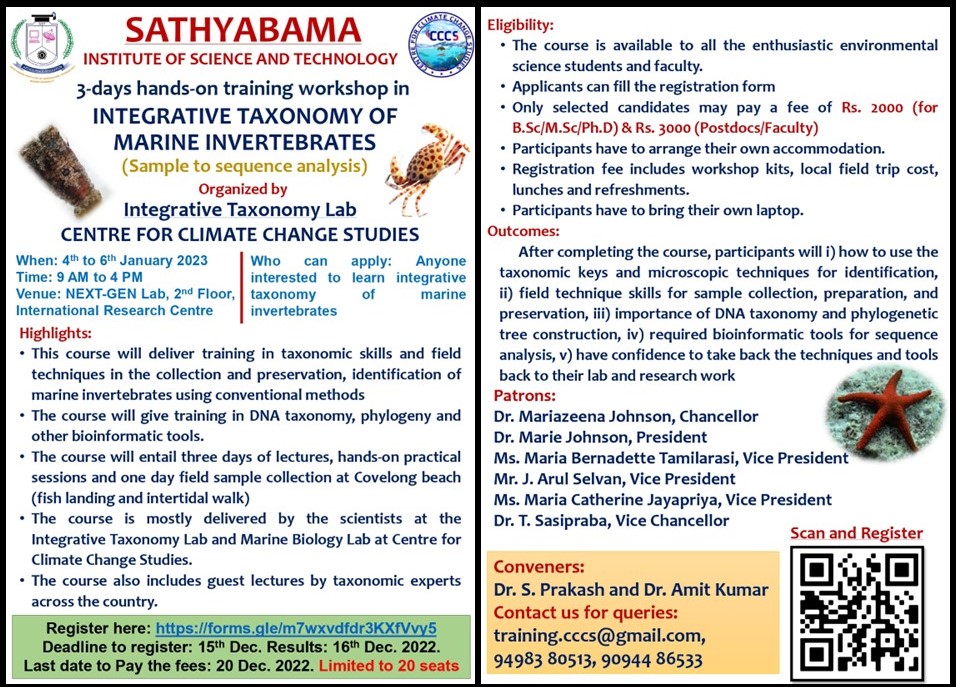 AmitKumar_ak14's tweet photo. #Marinebiodiversity #Moleculartaxonomy #classicaltaxonomy #Training #Chennai #Marinebiology @SATHYABAMA_ Contact us to know more @Prakash_caridea Scan to register. https://t.co/iGAAxKeHDx