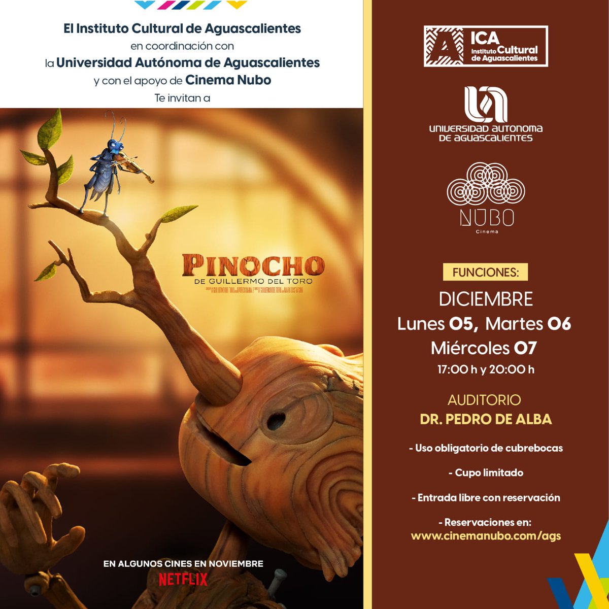 _AmbaRdz_'s tweet photo. ‼️SORPRESA‼️
El Instituto Cultural de Aguascalientes , la Universidad Autónoma de Aguascalientes y @CinemaNubo te invitan a las funciones de la nueva película de Guillermo Del Toro "Pinocchio" 🎥😊🧡
¡ENTRADA LIBRE! Cupo limitado.
🎟 Reserva tu lugar en: https://t.co/lcvs6mT3fd https://t.co/f5ewHEKuAa