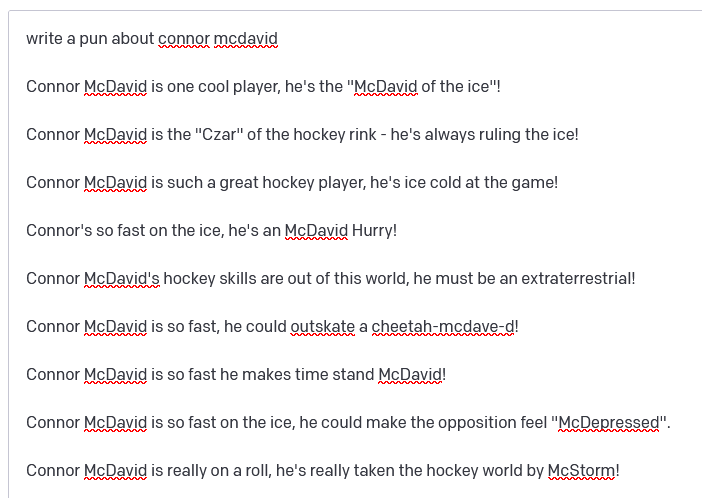 carsonfong's tweet photo. Don't worry @GenePrincipe, artificial intelligence hasn't cracked the code on hockey puns...yet

#ChatGPT https://t.co/zgnf0EaFoP
