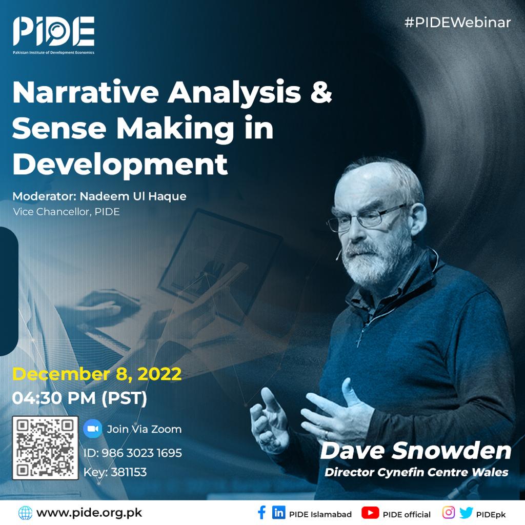 Pakistan Institute of Development Economics (PIDE) (@pidepk) on Twitter photo <a href="/PIDEpk/">Pakistan Institute of Development Economics (PIDE)</a> webinar with Dave Snowden "Narrative Analysis & Sense Making in Development"
<a href="/snowded/">ᗪᗩᐯᕮ SᑎOᗯᗪᕮᑎ 🏴 🇪🇺</a> the creator of Cynefin Framework & originated the design of SenseMaker®, world’s 1st distributed ethnography tool.
📌 Dec 8, 4:30PM
<a href="/UPTuks/">University of Pretoria</a> <a href="/StellenboschUni/">Stellenbosch University</a> <a href="/UniOfHull/">University of Hull</a> <a href="/TheCynefinCo/">The Cynefin Company</a> <a href="/PIDEpk/">Pakistan Institute of Development Economics (PIDE)</a> webinar with Dave Snowden "Narrative Analysis & Sense Making in Development"
<a href="/snowded/">ᗪᗩᐯᕮ SᑎOᗯᗪᕮᑎ 🏴 🇪🇺</a> the creator of Cynefin Framework & originated the design of SenseMaker®, world’s 1st distributed ethnography tool.
📌 Dec 8, 4:30PM
<a href="/UPTuks/">University of Pretoria</a> <a href="/StellenboschUni/">Stellenbosch University</a> <a href="/UniOfHull/">University of Hull</a> <a href="/TheCynefinCo/">The Cynefin Company</a>