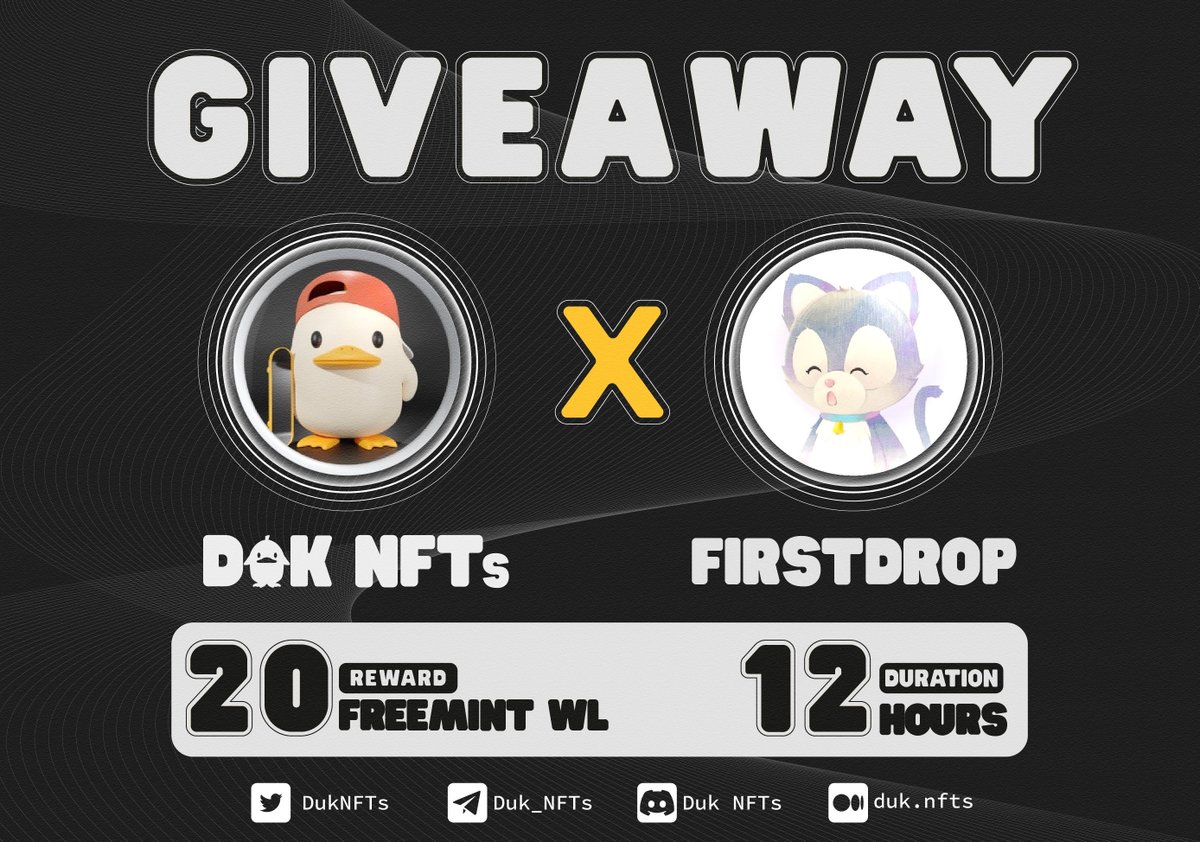 DukNFTs's tweet image. Thrilled to announce partnership with @firstdrop_xyz
 
🔥Huge #GIVEAWAY: 20WL of Freemint 
❓How To enter: 
1. Follow @firstdrop_xyz &amp;amp; @DukNFTs 
2.❤️+RT+Tag 3 friends
3. Join our Discord: discord.gg/qbheaSNF and discord.gg/e5XTJ8N3kd
⌛️Duration: 12 hours