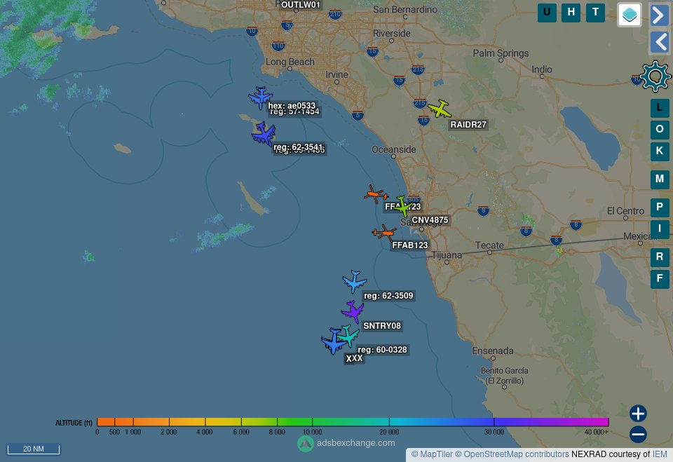 TheIntelFrog's tweet photo. Looks like another large scale exercise is kicking off near Baja California. The USS Abraham Lincoln and USS Momsen are still in the area.
E-3 #AE11D5ย as SENTRY08
C-17 #AE2FA7 as X
C-17 #AE2FA9 as XXX
KC-135s
#AE0686
#AE0484
#AE0378
#AE065A
#AE0533
#AE0380
#AE0150 https://t.co/q1sxnf1o0I
