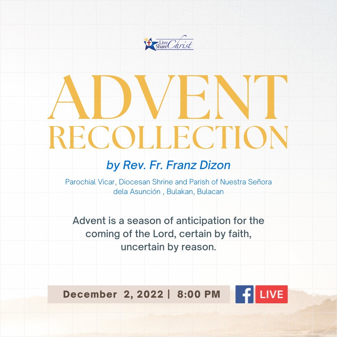 MFCCouples's tweet photo. Join us tonight at 8PM as we quiet our hearts and listen to God's Word in preparation for the full joy of Christmas.

LCSC Advent Recollection 2022
by Rev. Fr. Joseph Franz Torres Dizon, Parochial Vicar of the Diocesan Shrine and Parish of Nuestra Señora dela Asunción in Bulakan https://t.co/13Nef1IgBf