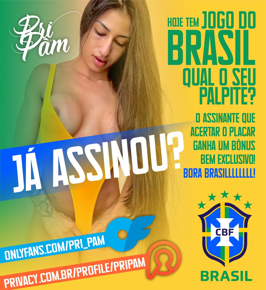 priscillapamela's tweet photo. Hoje tem jogo do Brasil amores! Quem arrisca um palpite? Pra quem é assinante e acertar o resultado vai ter surpresinha. https://t.co/kPCXVhYkFf 🇧🇷 https://t.co/syl5aQOl8H