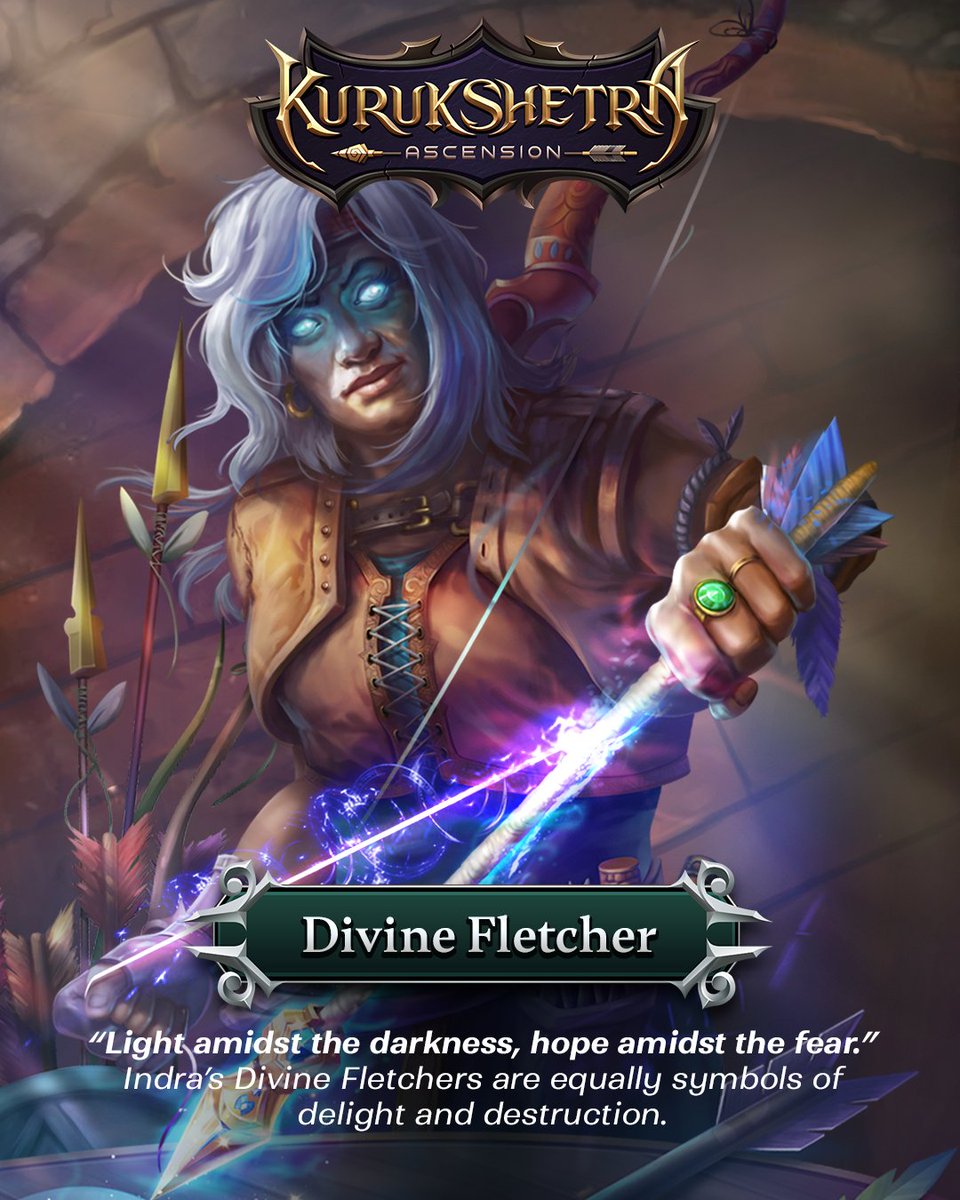By the word of Indra, King of the Devas, the Divine Fletchers brace his son Arjuna's backlines with a boundless supply of bolts in #KurukshetraAscension, the #cardbattler inspired by #Indianlore.

#IndianEpicsUnleashed #strategygame #Indiangame #ccg
