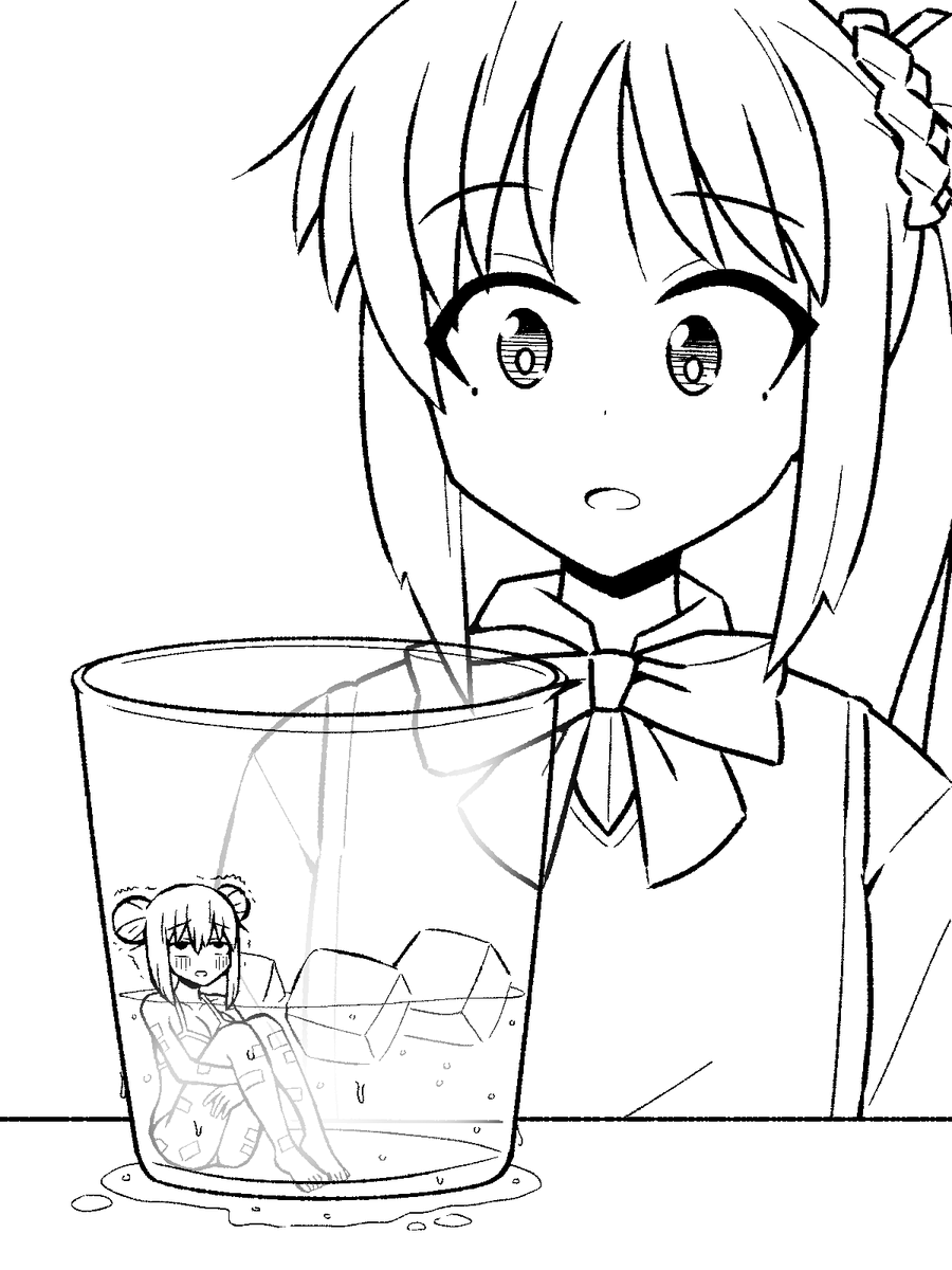 inksGirls's tweet photo. (supporter request)
"Characters are Bocchi and Nijika from Bocchi The Rock.
Bocchi has shrunken from staying in the ice bath from episode 2.She is wearing the school swimsuit and wearing buns like in the bath. Nijika found Bocchi and scooped her and some icecubes into a cup." https://t.co/8pdIsW07xq