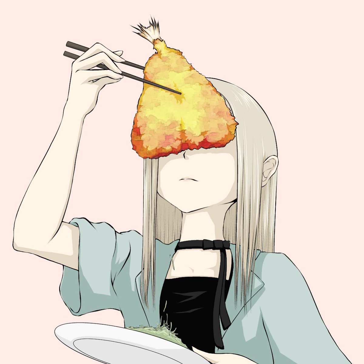 1girl solo food tempura shrimp shrimp tempura chopsticks  illustration images