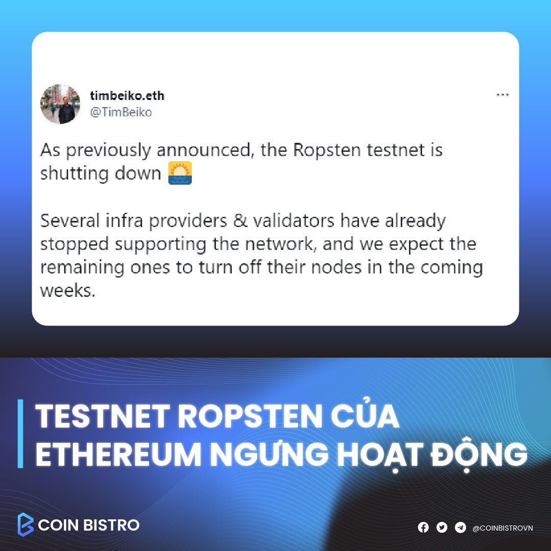 InsightsH2P's tweet photo. Testnet #Ropsten của @ethereum sẽ ngưng hoạt động vào cuối tháng 12. Quá trình ngừng cung cấp cơ sở hạ tầng cho Ropsten sẽ kéo dài trong 2 tuần (từ 15/12 - 31/12). https://t.co/Uzi3aVfdRB