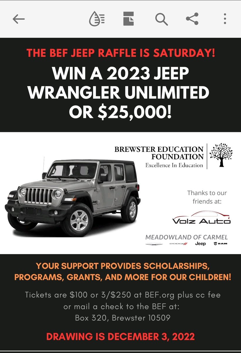 BEFBrewster's tweet photo. Ticket sales end Friday 12/2 at midnight!   Don't miss out on your chance to win a new Jeep or $25,000.   Purchase online @bef.org.  Tick-Tock- time is running out.  @BrewsterSup @brewsterschools @BCSD_BHS_AP1 @jfk_pe @mstahldowney @BCSDBabs @WMS_Principal https://t.co/oBVJJ2v0iz