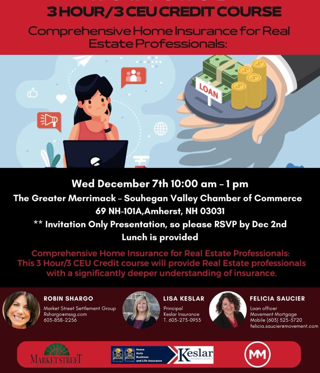 keslarinsurance's tweet image. Realtors: Join us! Learn how you can best help your clients navigate homeowners insurance AND get 3 free CEU Credits for NH &amp;amp; ME! 
Taught by David Keslar. RSVP to Lisa Keslar 603-273-0953 today! 
#realestate #homeownersinsurance #keslarinsurance