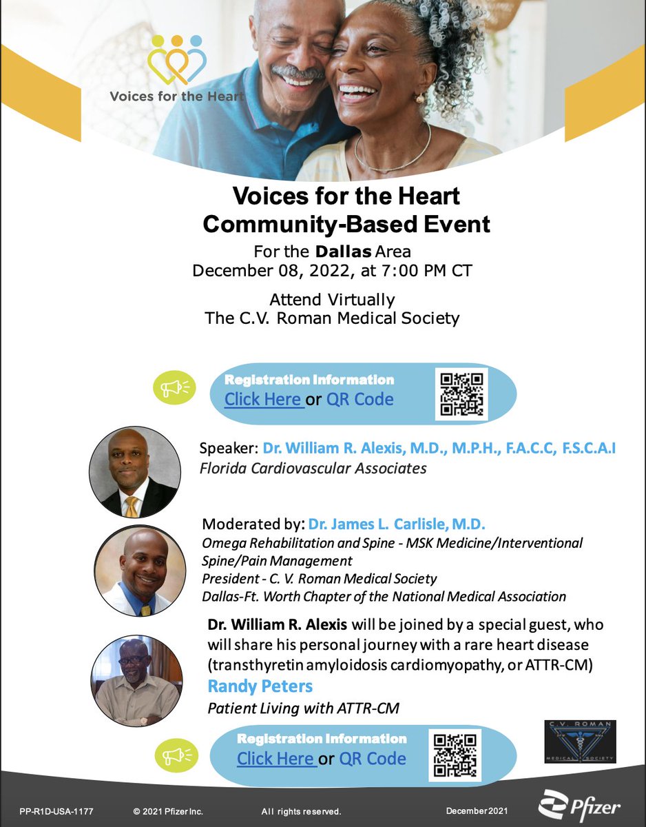 Have you or a loved one been diagnosed with heart failure and are still experiencing unresolved symptoms? Join us for this special presentation 12.08.2022!

Register now - Use the QR Code  or us06web.zoom.us/.../reg.../WN_…
#Pfizersponsored  #PfizerPartner #cvromanmedicalsociety #dallas
