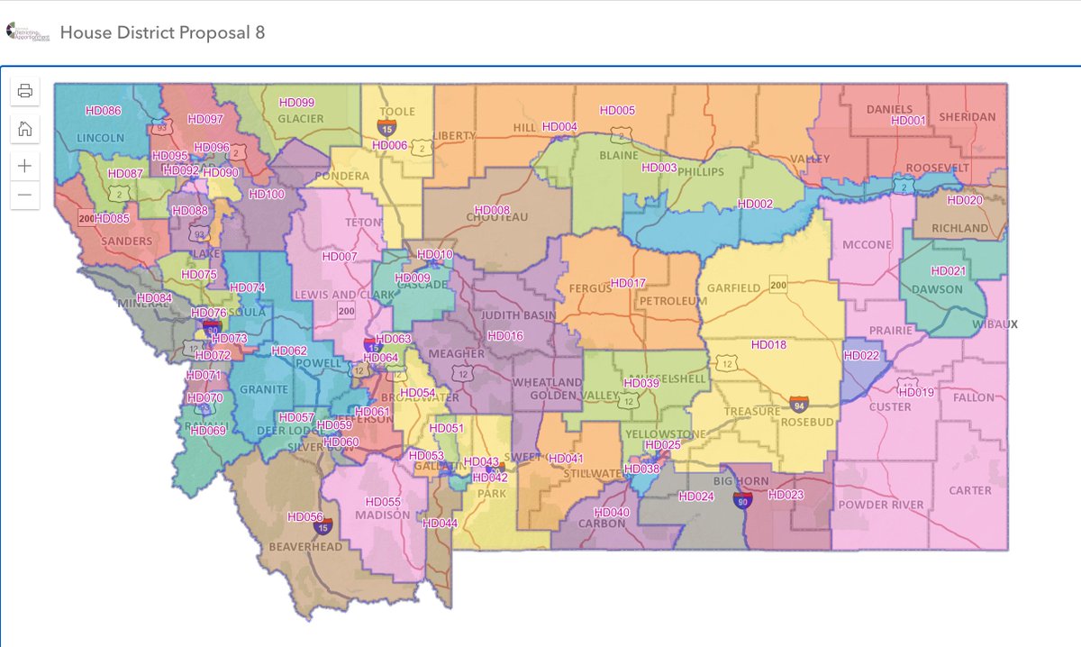 RedistrictNet's tweet photo. The Montana Districting &amp; Apportionment Commission has voted 3-2 to advance the following draft state House map for public comment.

Advocates and the public can view the redistricting plan here: https://t.co/utchmHiacg https://t.co/mMcJyqBqON