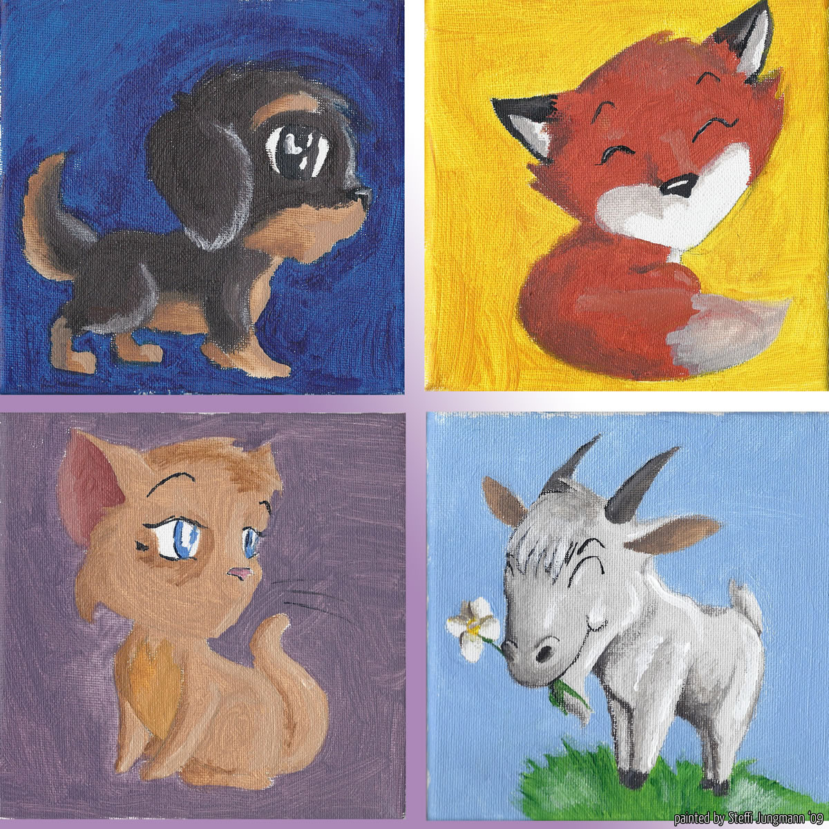 Skribblekitty's tweet photo. Picture/s of the day 02.12.2022
"Aquarellimals", some animals I painted on tiny canvas for some christmas presents to my family. Done in 2009.

#aquarell #paintings #animals #cute #dog #dachhund #fox #kitty #cat #goat https://t.co/b9TJsO5H9X