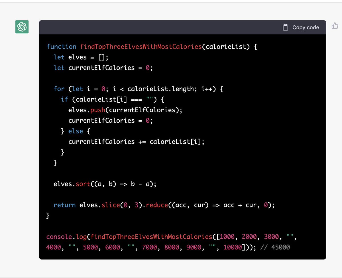 productive_mayt's tweet image. #SpoilerAlert #AdventOfCode2022 Day 1 solution by OpenAI ChatGPT. Simply dumped the question prompt and asked ChatGPT for a JS function solution.
Got a number of other method solutions too. ChatGPT is a #leetcoder