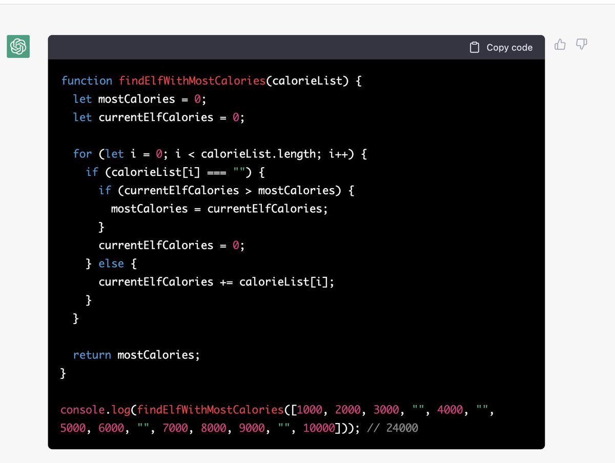 productive_mayt's tweet image. #SpoilerAlert #AdventOfCode2022 Day 1 solution by OpenAI ChatGPT. Simply dumped the question prompt and asked ChatGPT for a JS function solution.
Got a number of other method solutions too. ChatGPT is a #leetcoder