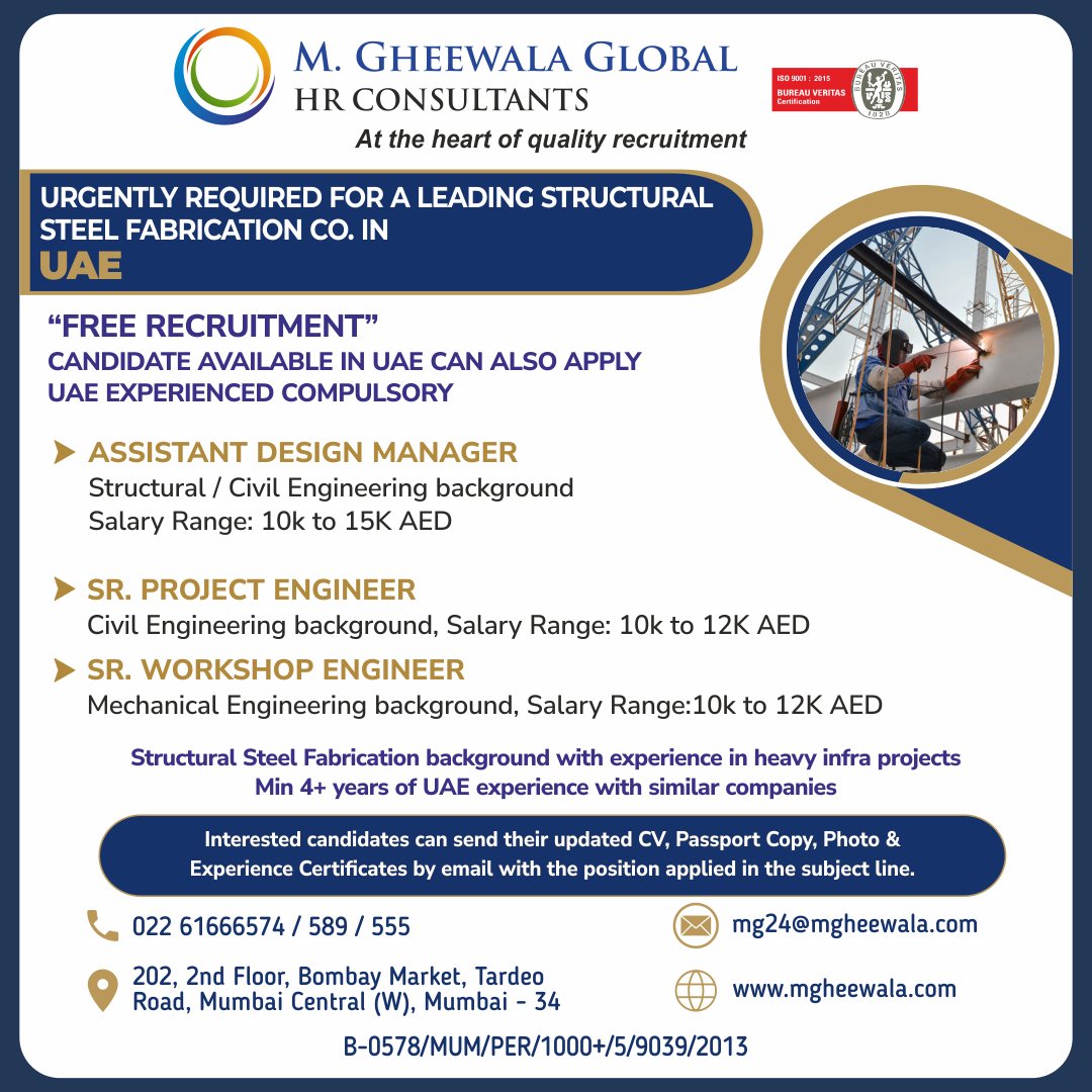 mgheewala_hrc's tweet photo. Job Vacancies for #UAE
Interested Candidates can send the updated resume to mg24@mgheewala.com
Learn More https://t.co/Ps4bxv2mB1
#fabricator #steelfabricator #designer #assistantdesigner #engineer #projectengineer #workshop #mechanicalengineer #jobsindubai #dubaijobs https://t.co/bJo8U2FoLd